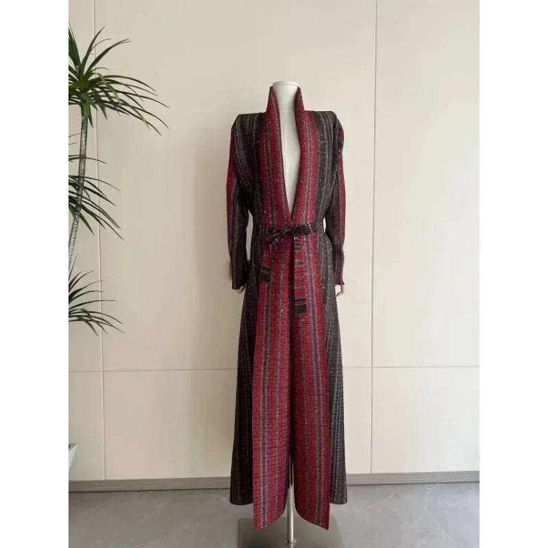 KAF Pleated Women Trench Coat Vintage Printed Cardigan Design Loose Plus Size Women Long Dress Dubai Female Luxury Abaya 2024