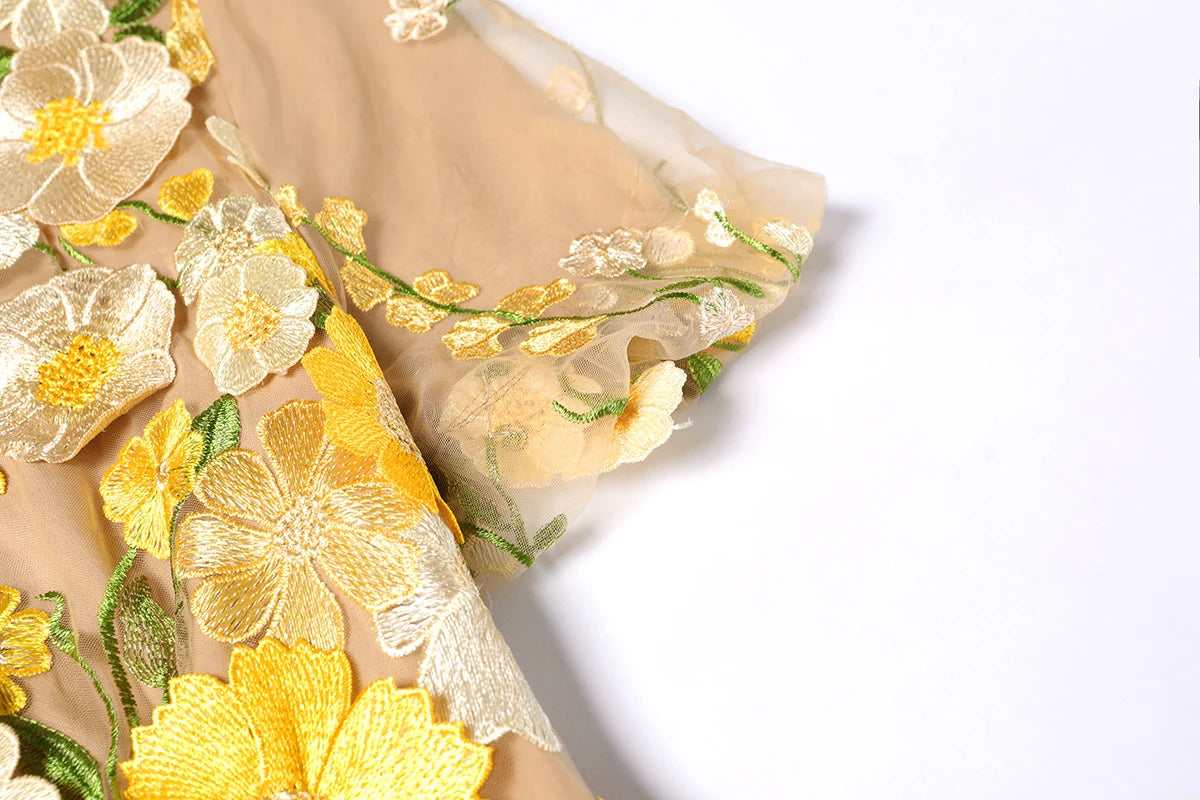 Summer High-end Embroidery Lace Prom Dress Women French Luxury 3D Flower Short Sleeve Long Dress Party Bodycon Holiday Vestido