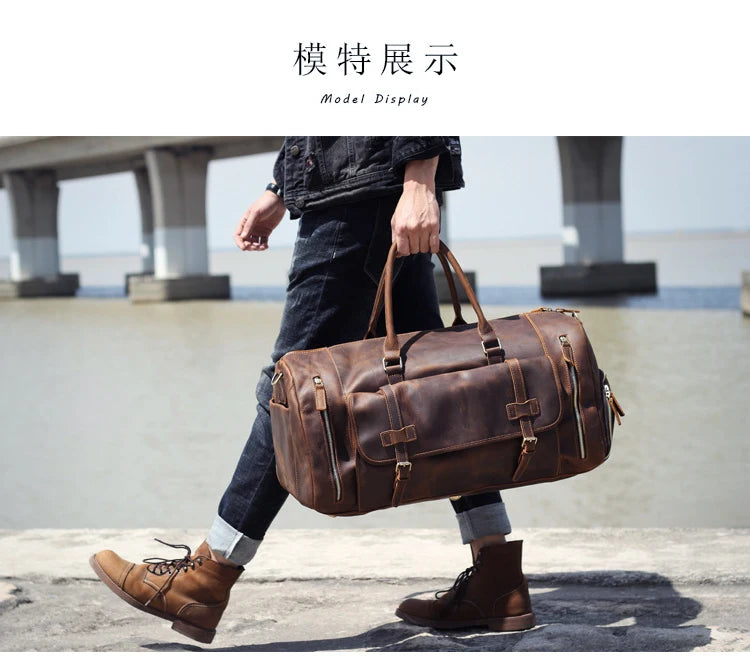 MUNUKI Vintage Crazy Horse Genuine Leather Travel bag Large Luggage bag men Leather duffle bag Large Weekend Bag Tote Big