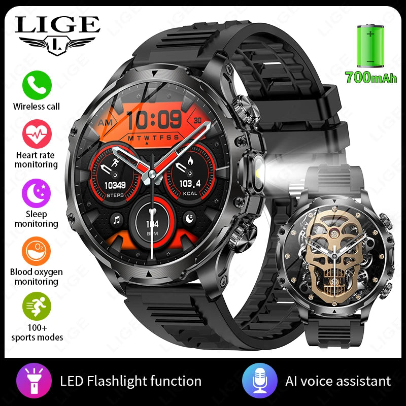 LIGE New 1.9" AMOLED 416*416 Screen Smart Watches Flashlight Outdoors Sports Fitness Tracker 700mah Large Battery Men Smartwatch