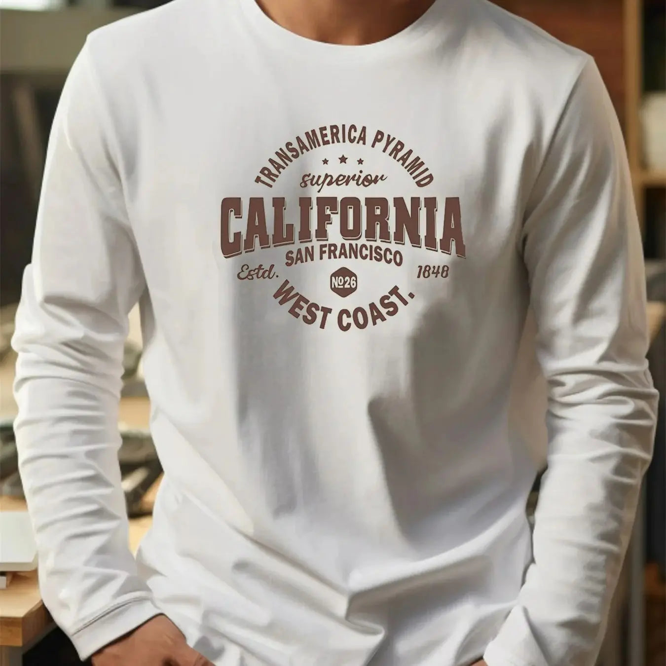 Men's 100% pure cotton loose fit comfortable sports and leisure California West Coast printed round neck long sleeved T-shirt