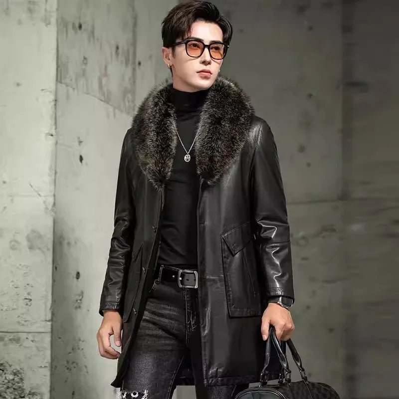 Men Luxury Business Winter Work Mid Long Thick Warm Down Coat Fur Collar Single Breasted Sheepskin Genuine Leather Jacket Trench
