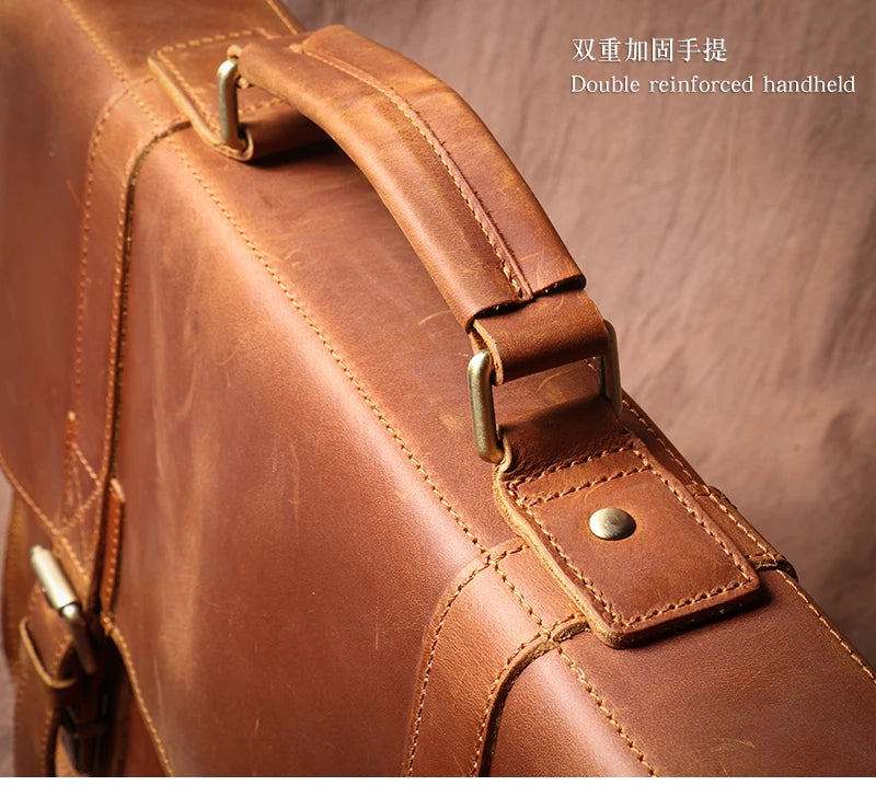 LUOKIR Vintage Crazy Horse Briefcase Travel Genuine Leather Handbag Luxury Men's Messenger Computer Shoulder Bag 14 Inch Laptop