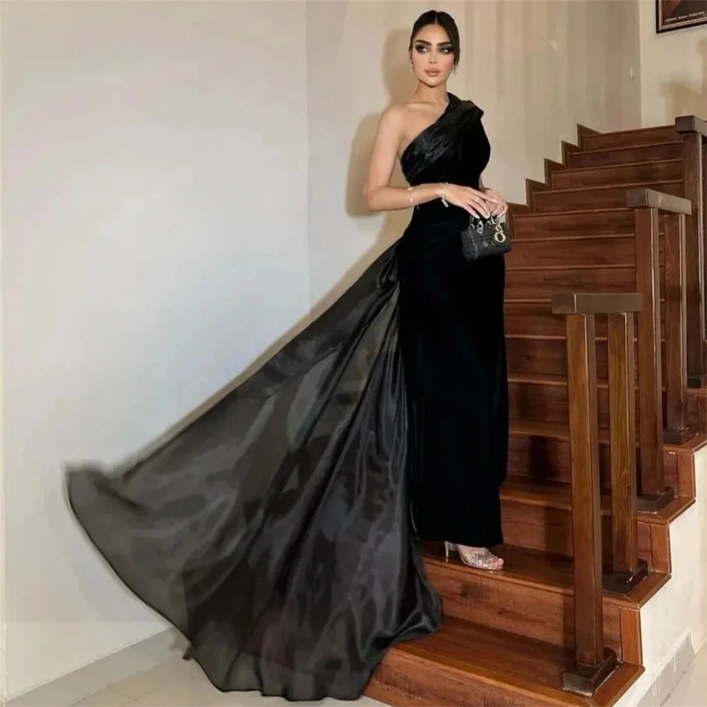 Mila فساتين سهرة سوداء بكتف واحد غمد ذيل بطول الأرض للحفلات حسب الطلب أنيقة بسحاب 2025 جديدة في الفساتين