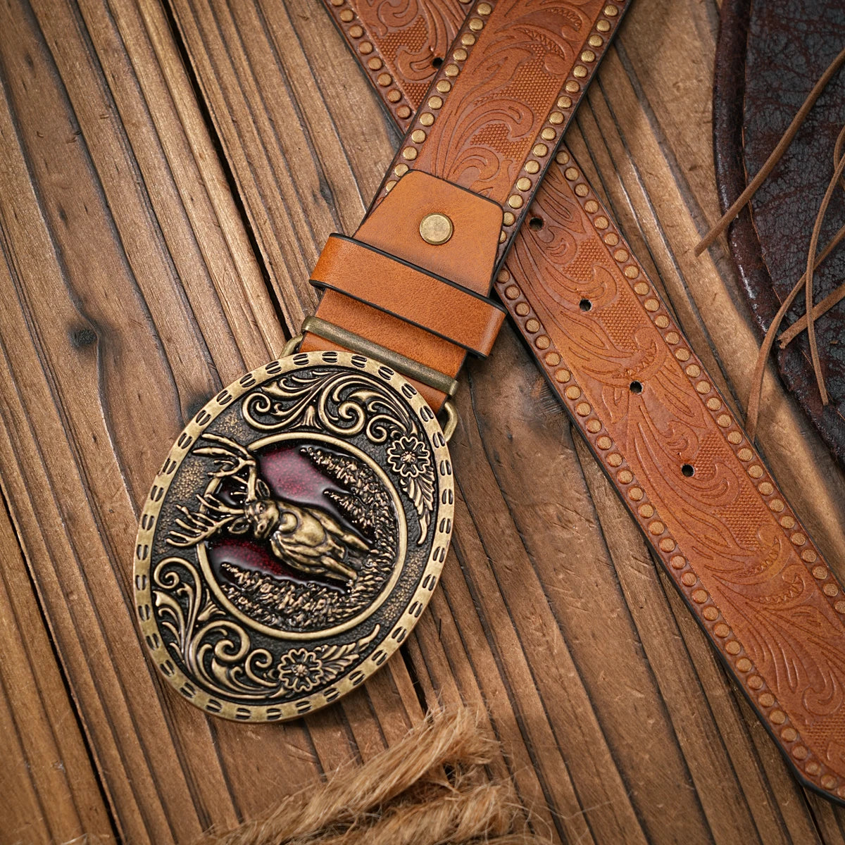 Men - Women - Western Denim - pu leather - Belt - Vintage jeans with floral carved buckle belt