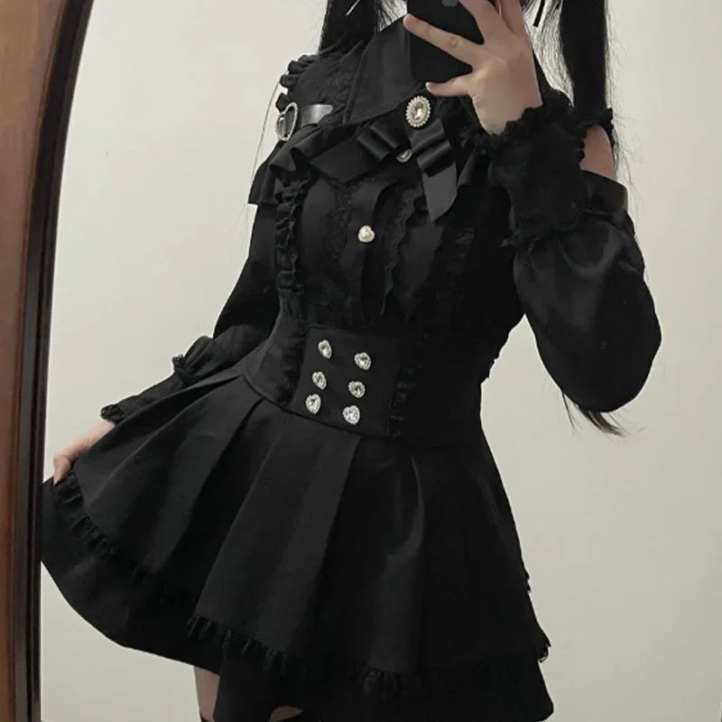 Kawaii Off Shoulder Long Sleeve Shirts Women Black Short Skirt Set Y2K Gothic Ruffle Skirts Lace Lolita Shirt Gown Suit 