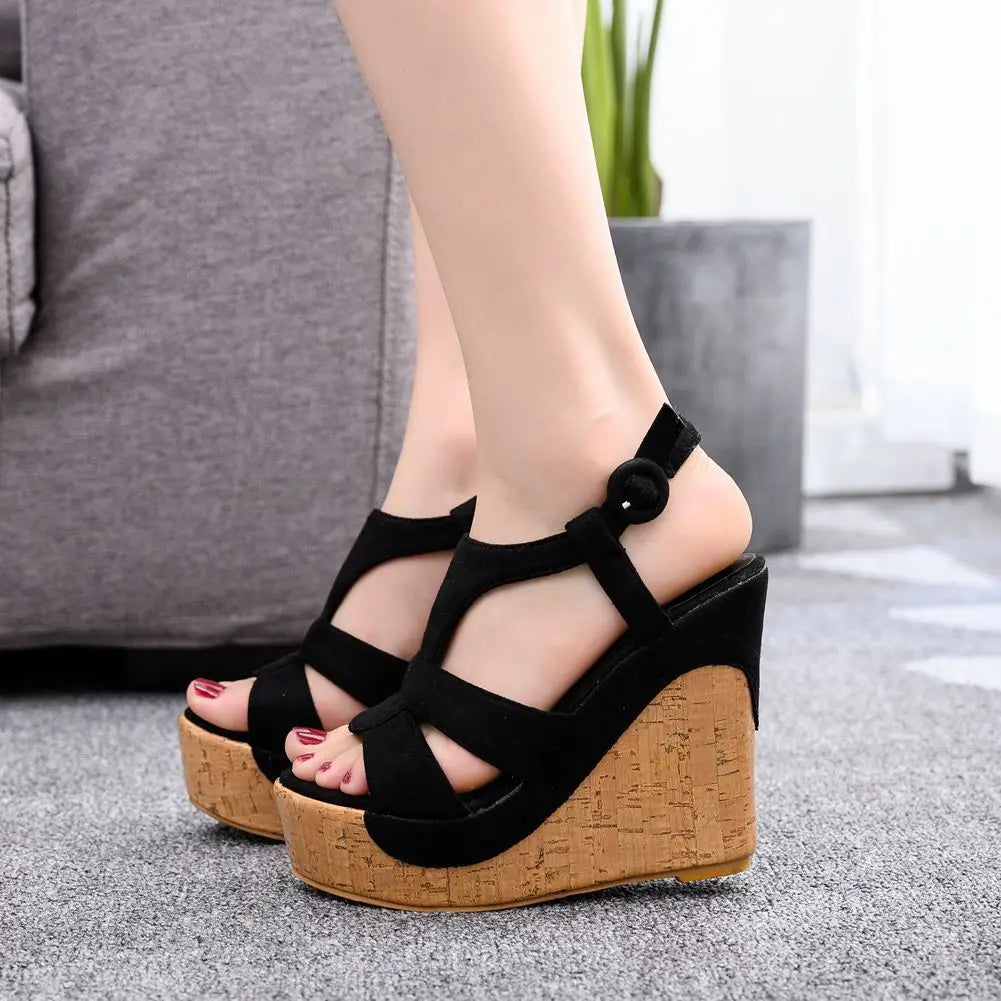 Women’s Summer Flock Sandals – 12CM Wedge Heels with Buckle Strap, White