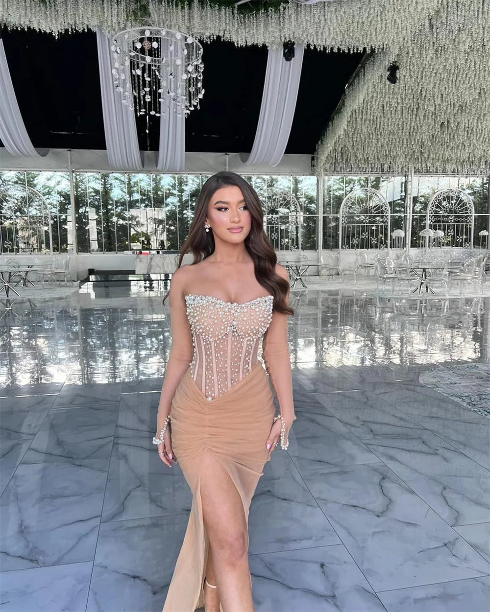 Mila Khaki Off the Shoulde Customized Party Dresses Long Sleeve Side High Split Prom Dresses Elegan Ankle-Length Evening Dresses
