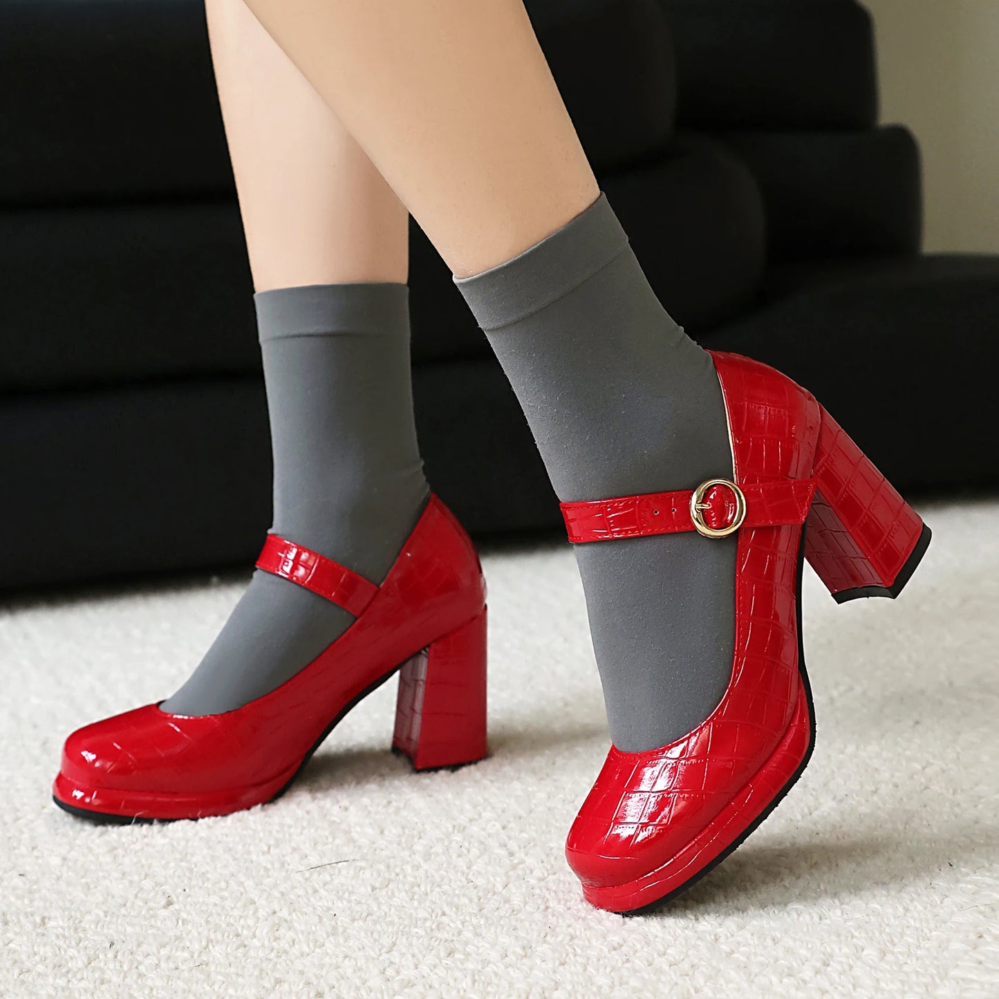 Women’s Platform Strappy Mary Jane Heels – Black & Red Patent Alligator Print – Sizes 31–50