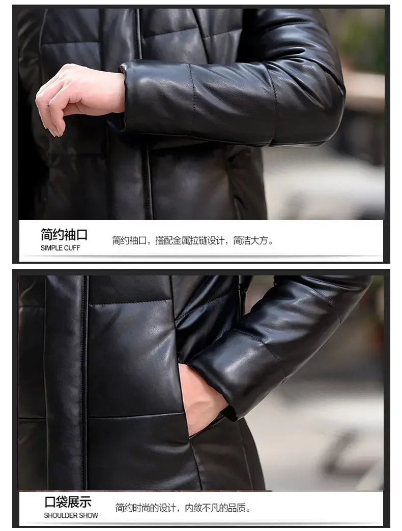 Down Jacket Genuine Leather Jacket Men's Mid Length Slim Fit Hooded Sheepskin Coat Man Puffer Jacket Winter Thicken Windbreaker