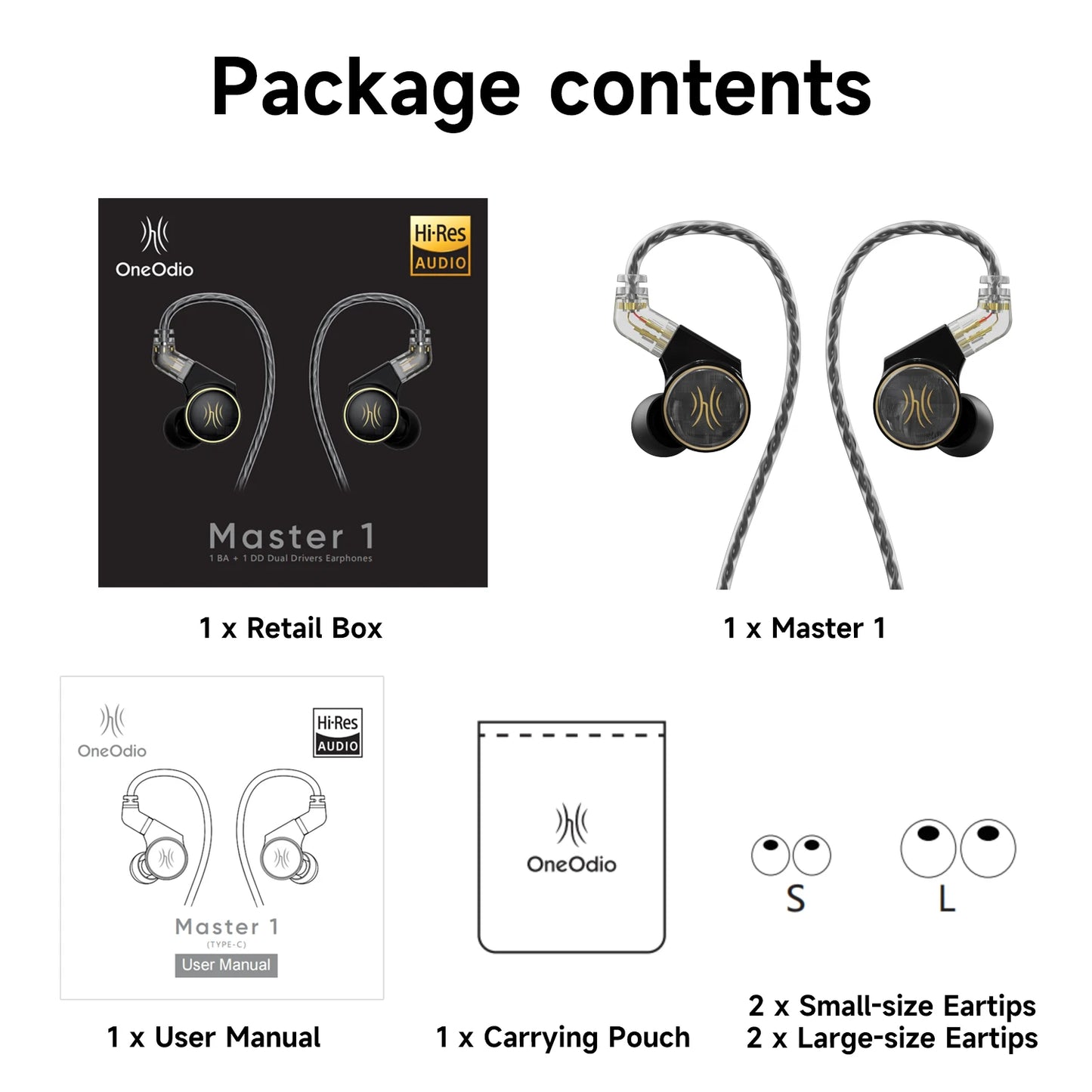 Oneodio Master1 Wired Earphones In Ear 1BA+1DD Hi-Res Monitor Headphones Detachable HiFi Earbuds 3.5mm/Type C With Microphone
