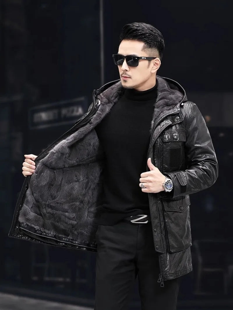 Men’s Oil Wax Cowhide Leather Jacket – Slim Fit Winter Cargo Coat with Mink Fur Lining & Hood
