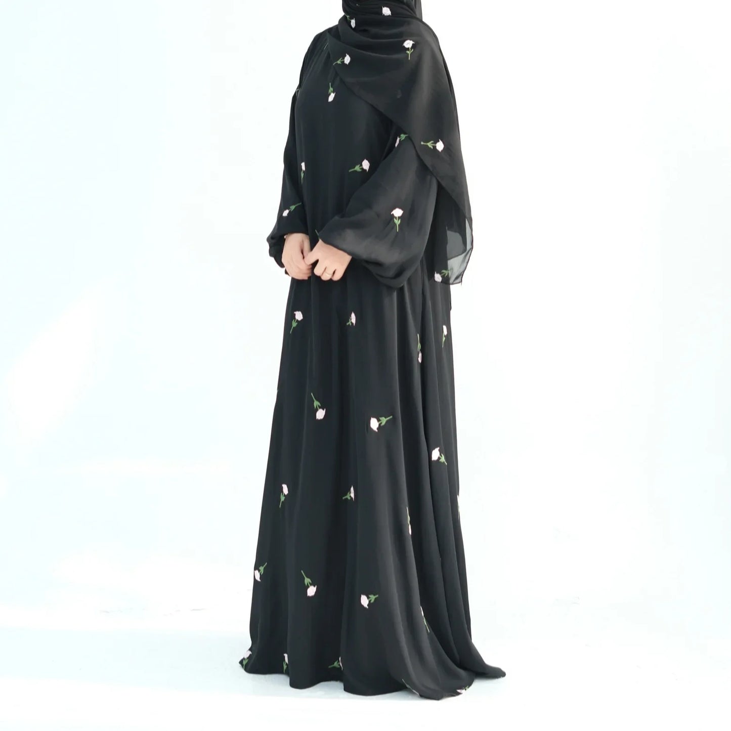 Rose Embroidery Abaya Dress for Women, Muslim Long Dress, Side Pockets, Hijabi Robe, Dubai Islamic Clothing, Ramadan, Party