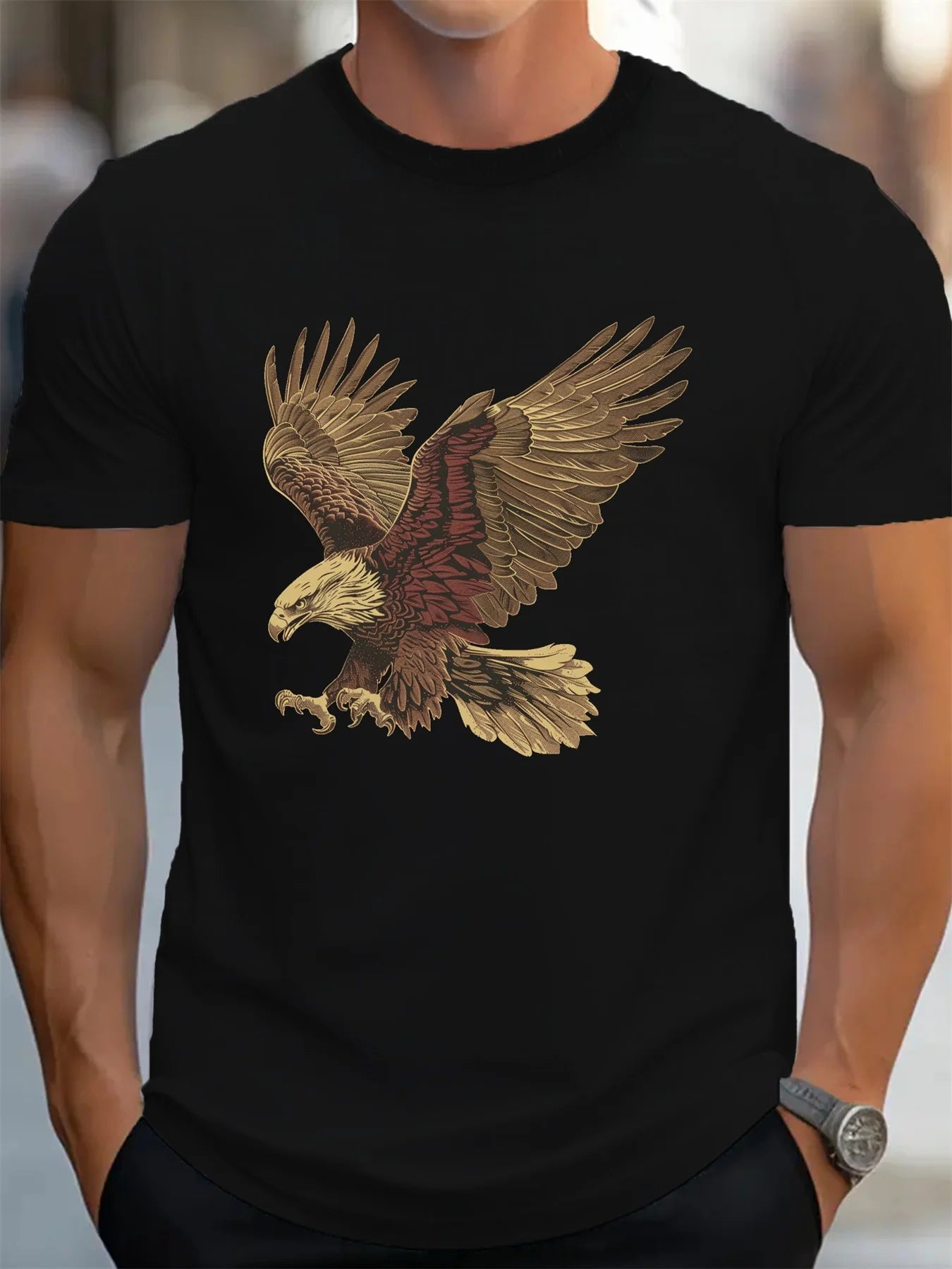 🦅 Men’s Summer 100% Cotton Casual T-Shirt,Eagle Print | Loose Fit | Round Neck | Breathable Comfort