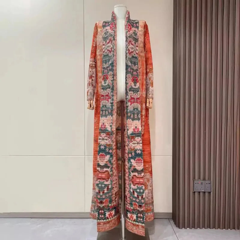 KAF Pleated Women Large Size Trench Coat 2024 Spring and Autumn New Vintage Printed Design Female Robe Arab Luxury Abaya