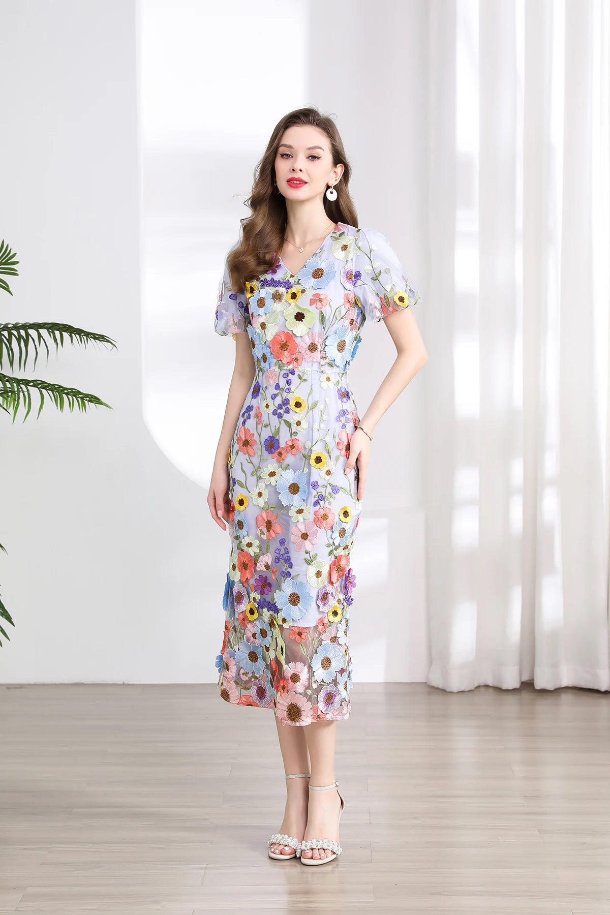 Summer High-end Embroidery Lace Prom Dress Women French Luxury 3D Flower Short Sleeve Long Dress Party Bodycon Holiday Vestido