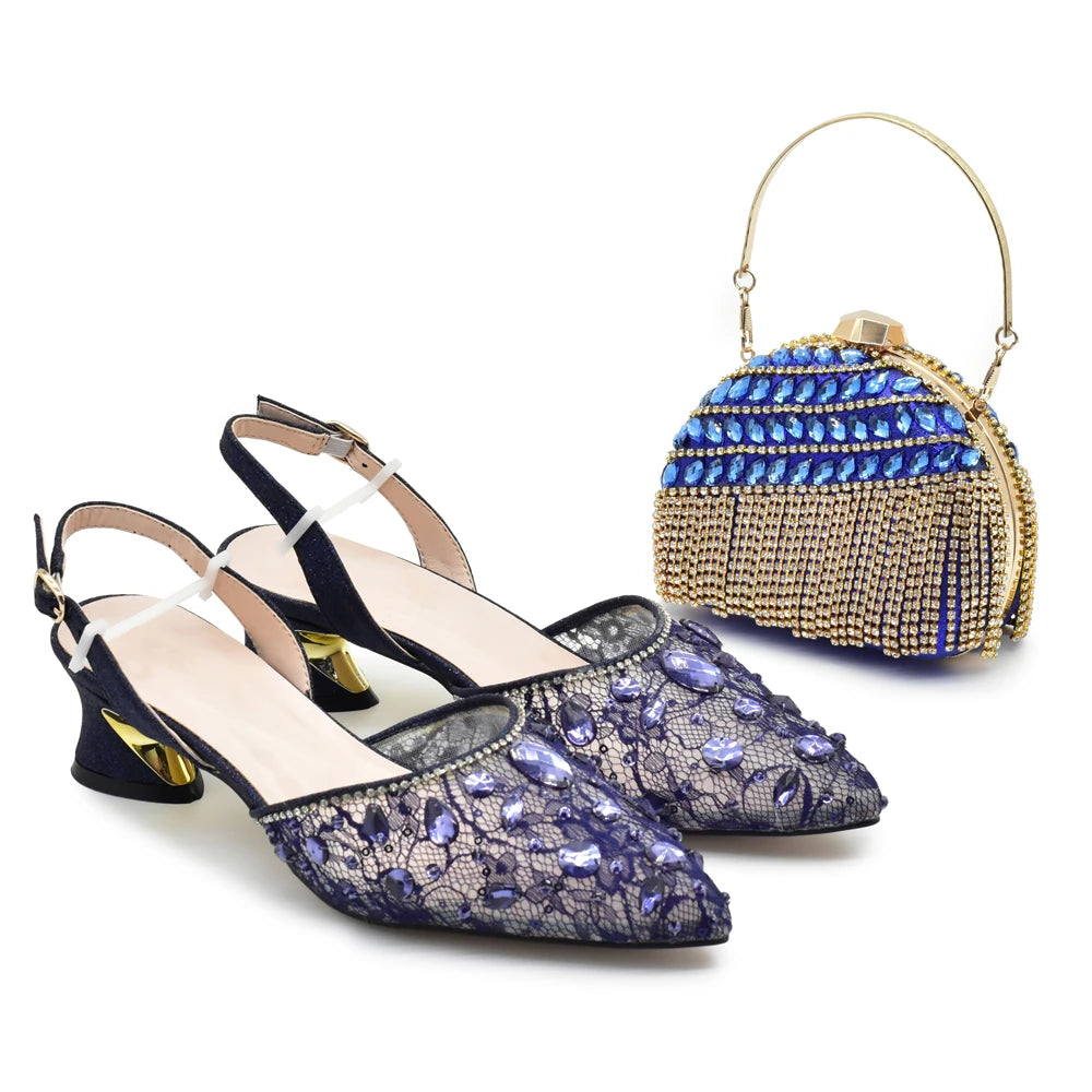 New Arrival Blue Shoes and Bags Set for Women Italian Shoe and Bag Set Designer 2025 Rhinestone Luxury Elegant Pumps for Women