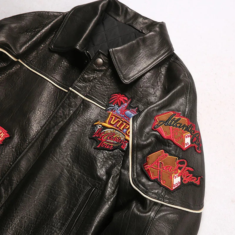 Men leather jacket sheepskin retro leisure Europe the United States large size flight suit loose version casino poker warm