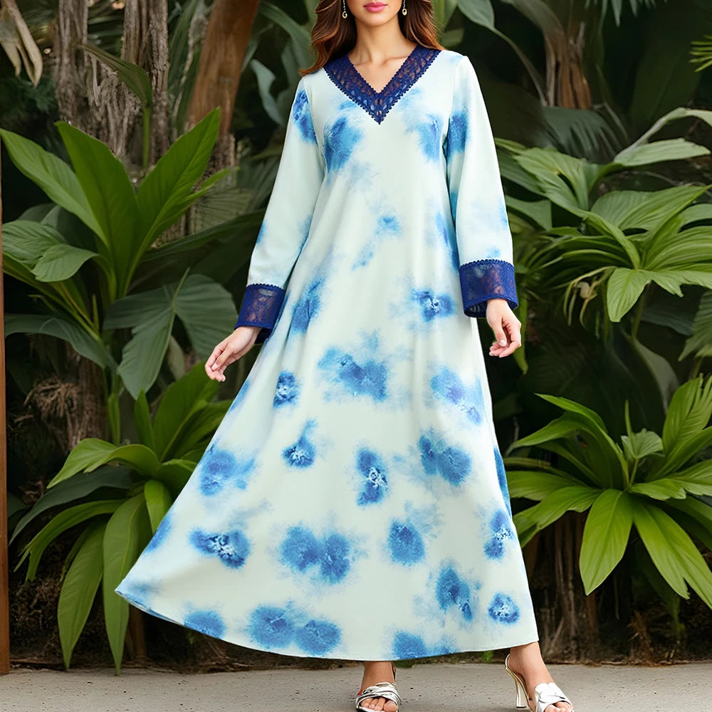 Rafiah Summer Long Dress 2025 Arabian Dress Fashion Contrast Color Lace Long Sleeve V-Neck Midi A-Line Casual Dresses For Women