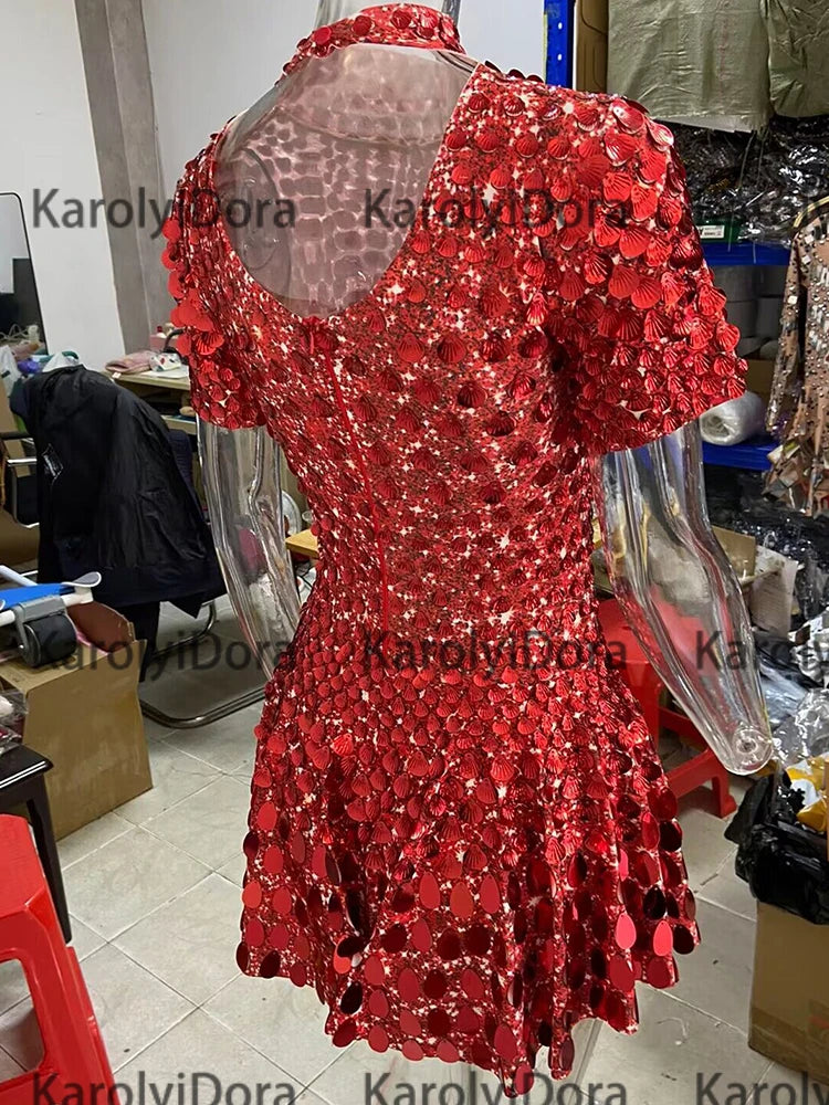 Sexy Black Shell Sequins Mini Dress Nightclub Dance High Quality Performance Clothing Bodysuit Birthday Red Dresses