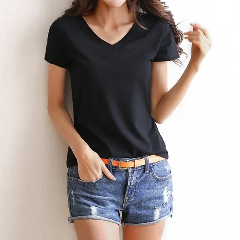 Women Short Sleeves T-shirt Bottoming Shirt Round Neck or V Neck Shirt Black White Solid Color Top Homewear T-shirt