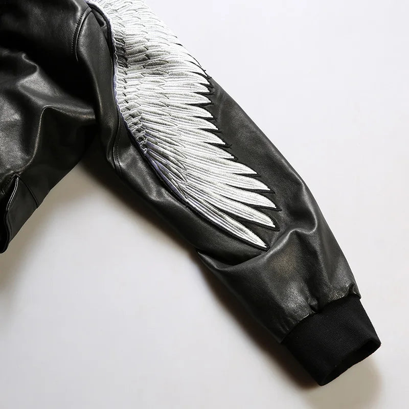 Embroidered eagle wings leather baseball jersey men stand-up collar full vegetable tanned sheepskin genuine leather jacket tops