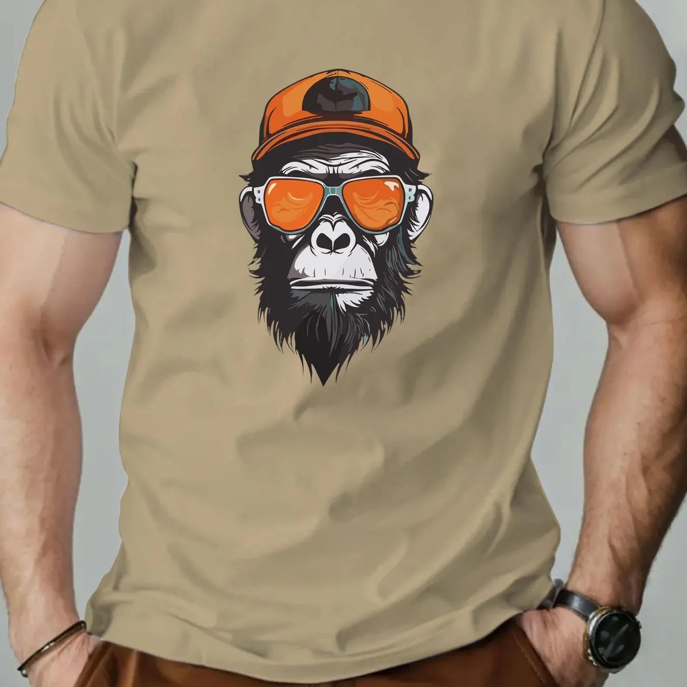 Men's summer 100% pure cotton fashionable casual sports loose monkey with sunglasses π glasses pattern printed round neck short sleeved T-shirt top
