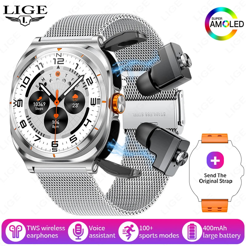 LIGE New Smart Watch With 2 in 1 TWS Wireless Headset Bluetooth Call 1.53" AMOLED Screen 400mAh IP67 Waterproof Sport Smartwatch