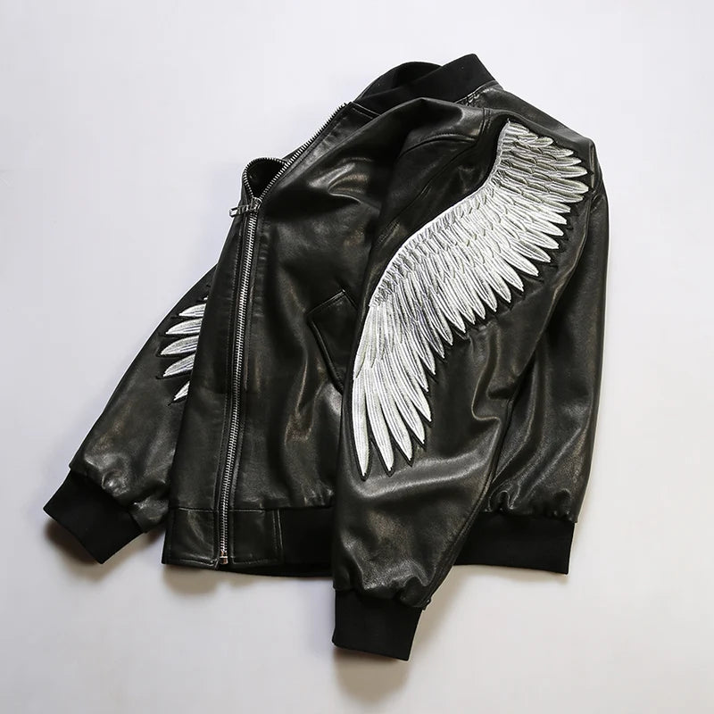 Embroidered eagle wings leather baseball jersey men stand-up collar full vegetable tanned sheepskin genuine leather jacket tops