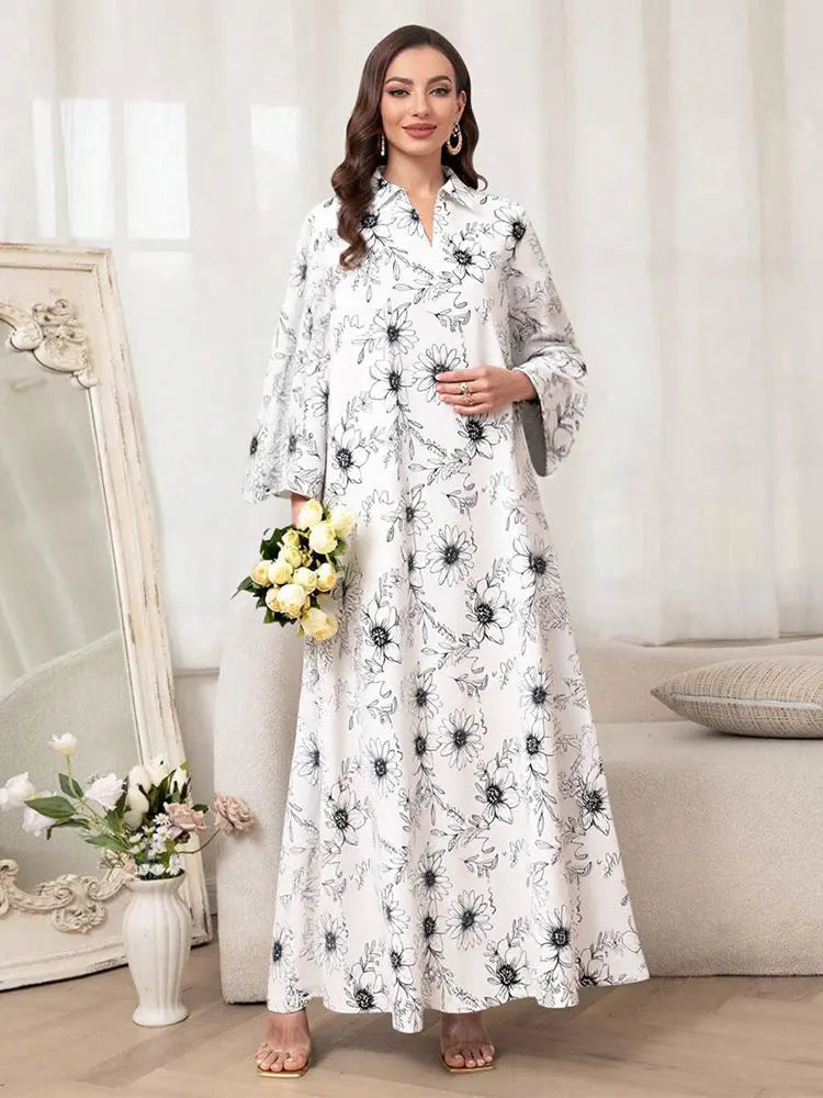 Rafiah Women's Dresses Summer Elegant 2025 Floral Opulent Long Sleeve Shirt Collar A-Line Midi Vacation Long Dresses