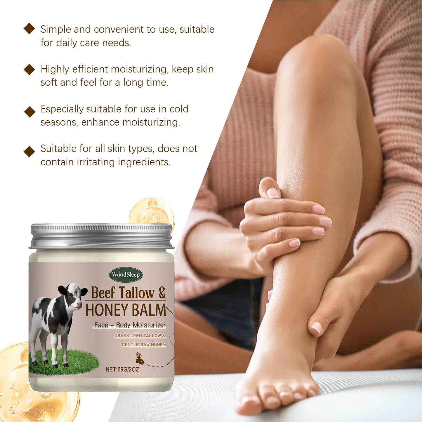 Organic Beef Tallow Honey Moisturizer Grass Fed Beef Tallow Face Cream Soothing Firm Increase Elasticity Whipped Smooth Lotion