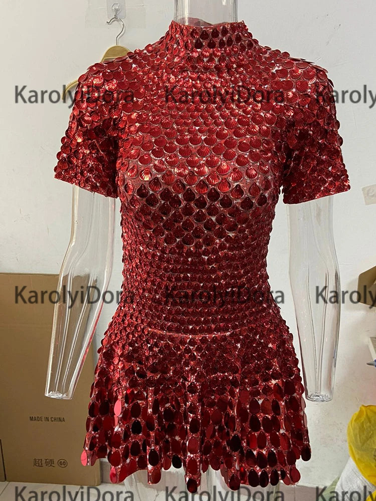 Sexy Black Shell Sequins Mini Dress Nightclub Dance High Quality Performance Clothing Bodysuit Birthday Red Dresses