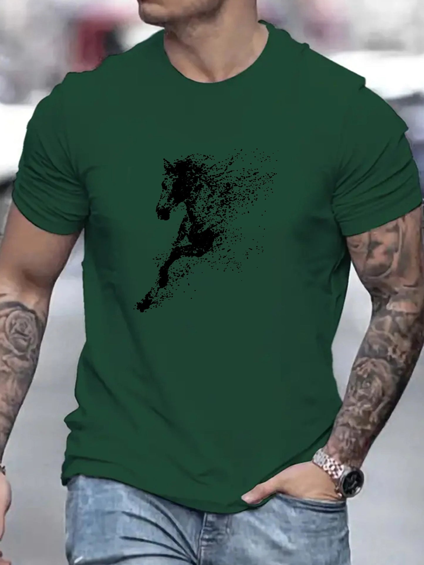 Men's Summer 100% Cotton Fashionable Casual Loose Large Black Horse Pattern Printed Round Neck Short Sleeve T-shirt Top
