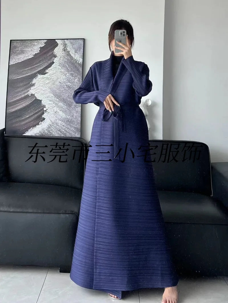 KAF Pleated Women Large Size Trench Coat 2024 Spring and Autumn New Vintage Printed Design Female Robe Arab Luxury Abaya