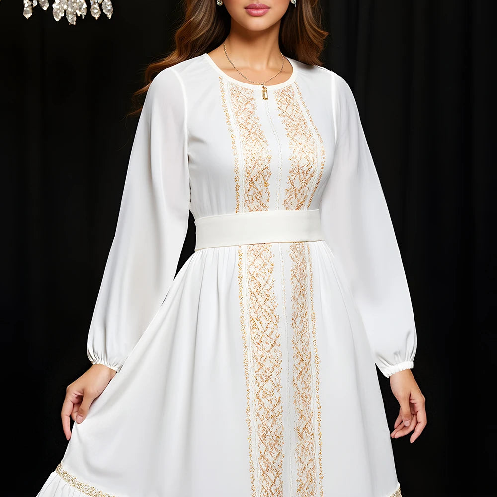 Rafiah Autumn Arabian Long Dress 2025 Elegant Daily Appliques Flounce Long Sleeve Crew Neck Midi A-Line Long Dress For Women