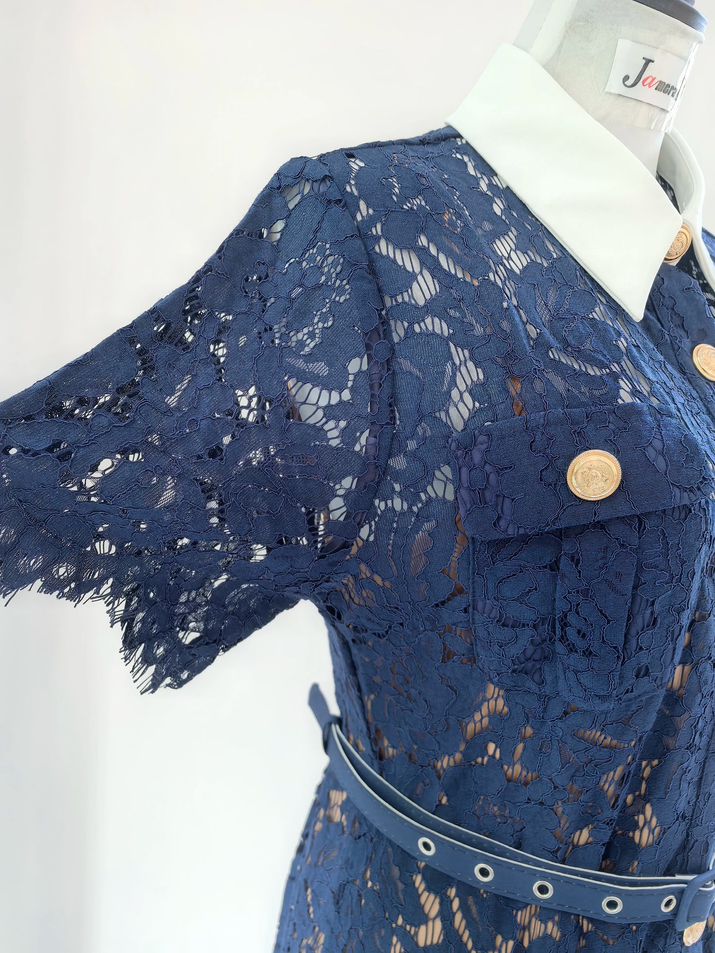 Formal Luxury Evening Long Dress Women Summer Autumn White Peter Pan Collar Hollow Out Blue Pencil Embroidery Lace Dress Party