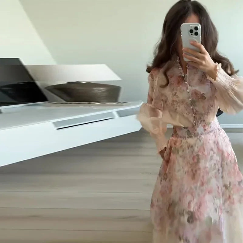 Floral Printed Two-Piece Skirt Set – Loose Full Sleeve Shirt & Pleated Maxi Skirt