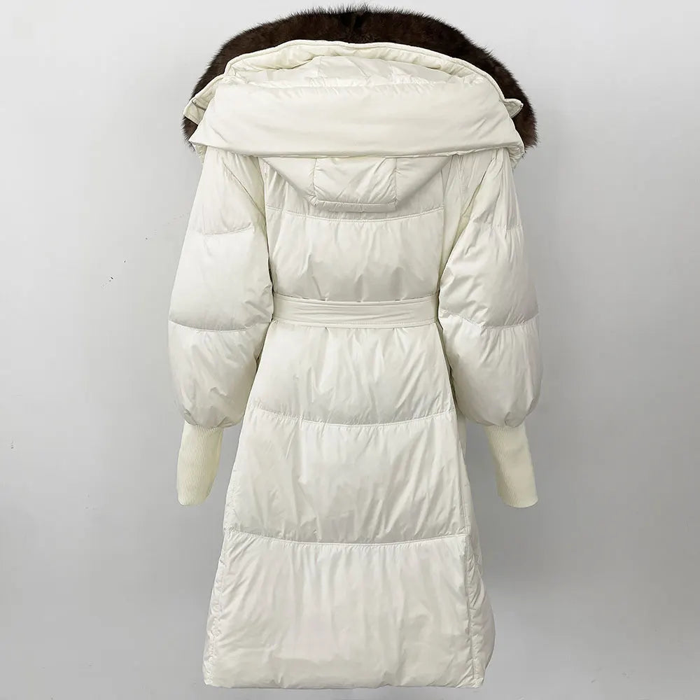 2025 Autumn Winter Women Coat Real Natural Fox Fur Long Down Jacket Thick Warm Casual Hooded White Duck Down Elegant Overwears