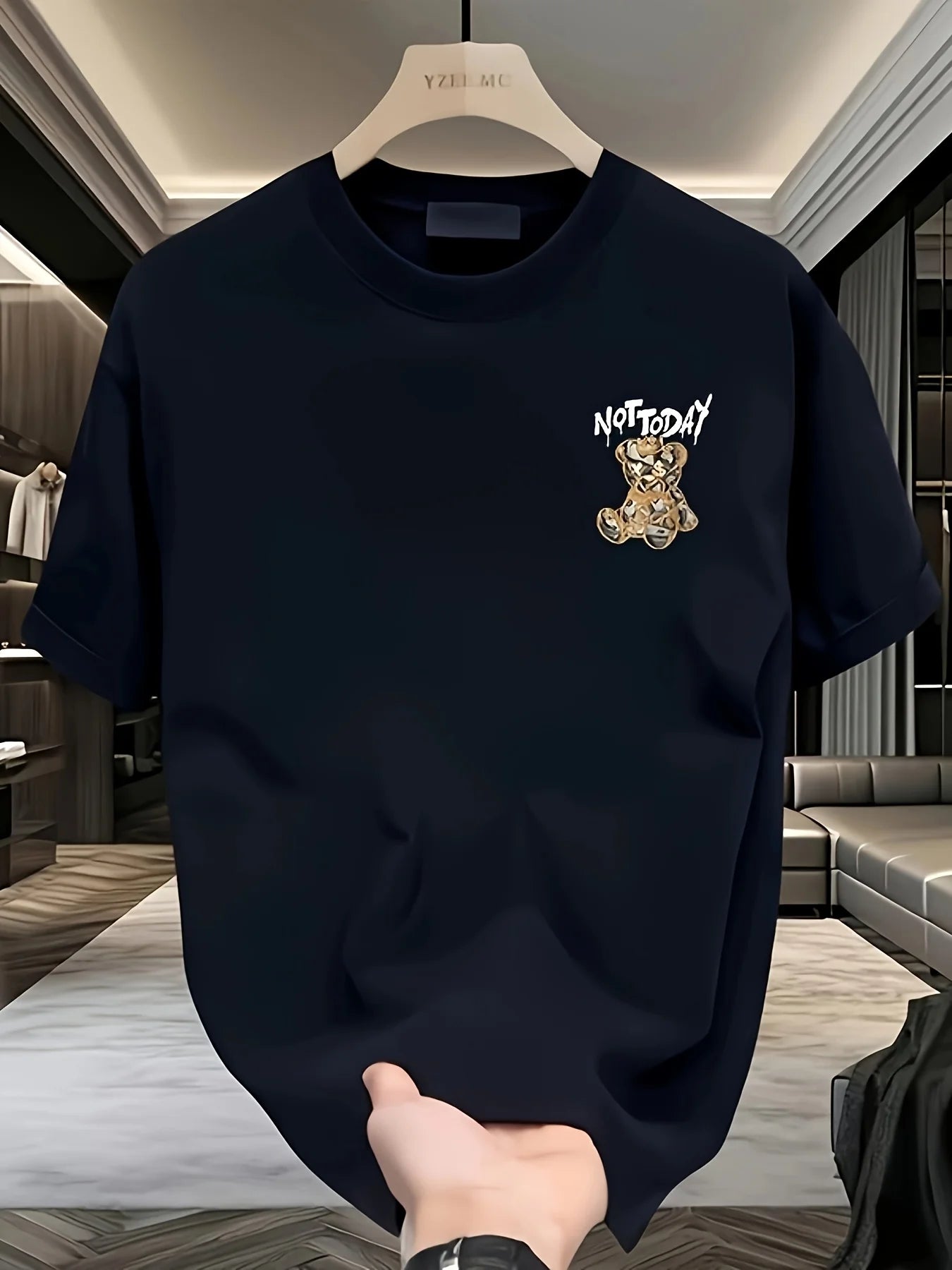 Men's summer 100% pure cotton fashionable casual sports loose cartoon bear 🐻 “Not Today” pattern printed round neck short sleeved T-shirt top