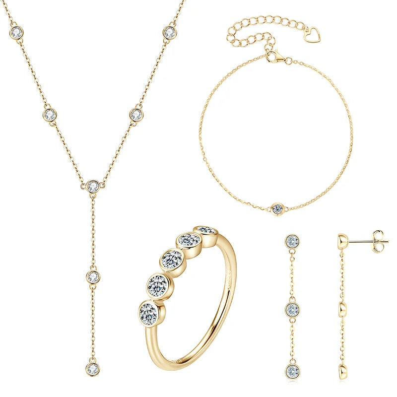 RAPRGOLD Moissanite Necklace Earrings Bracelet Ring Fine Jewelry Set for Women S925 Sterling Silver Round Pendant Chains Gifts