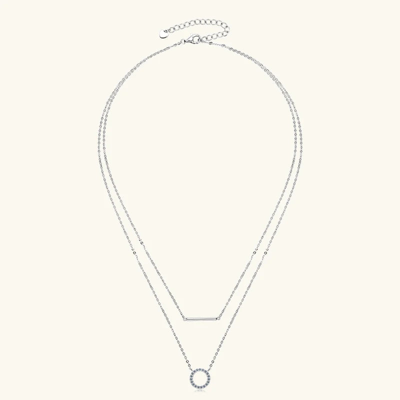 Lnngy Double Layer Chain Necklace For Women 925 Sterling Silver Moissanite Circel Pendant Necklaces Stud Earring Jewelry Set