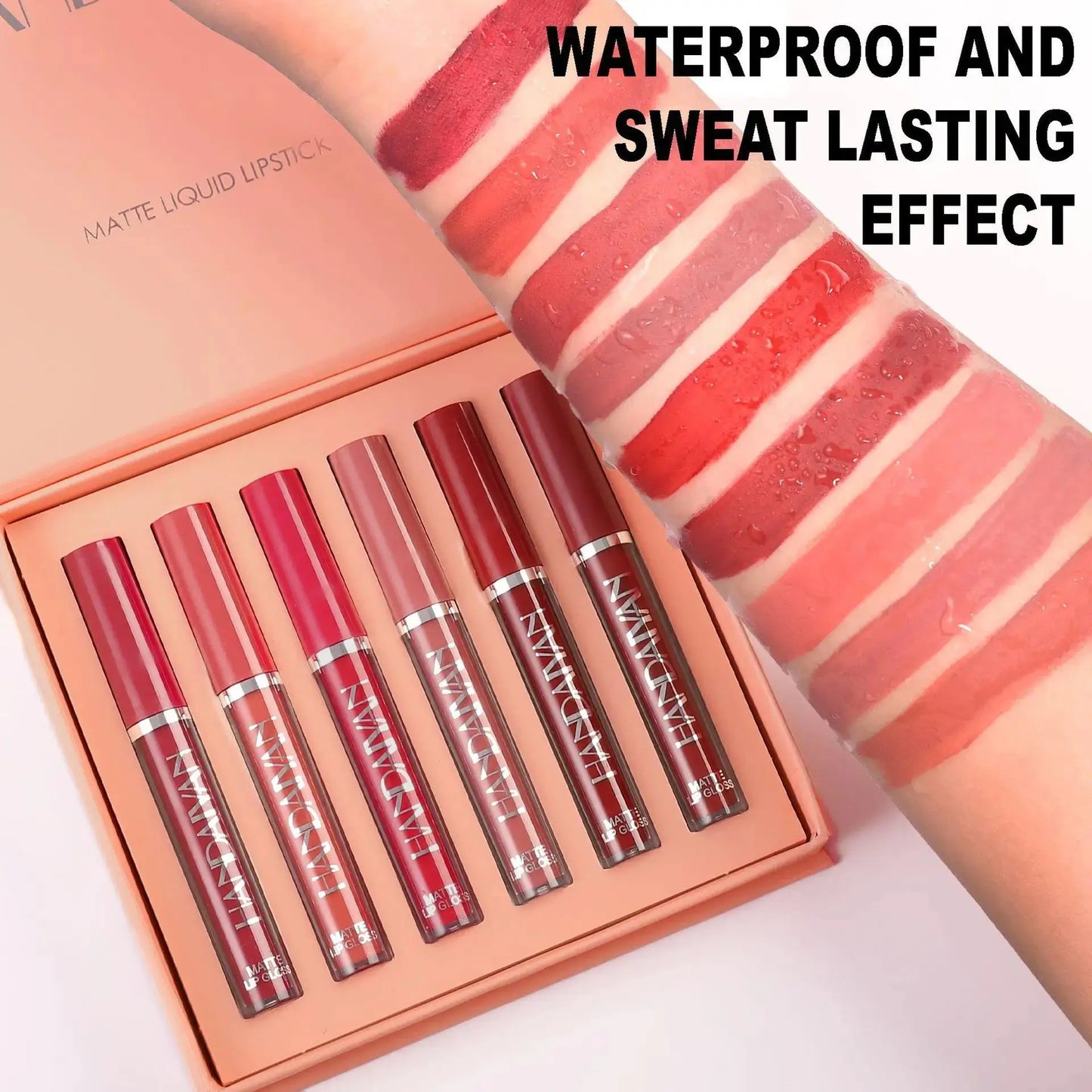 HANDAIYAN 6 Shade Lipstick Set Matte Finish Liquid Lip Gloss Waterproof Long Lasting No Smudge Vegan Beauty