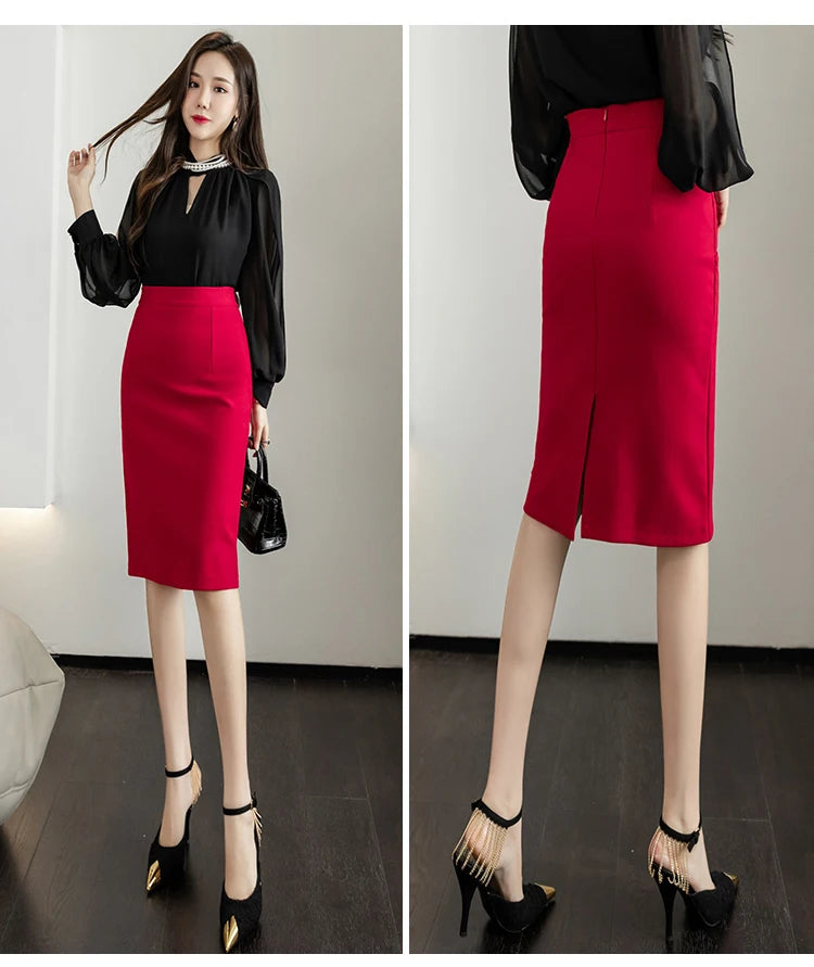 Classic Vintage Gray Red Stretch Pencil Skirts For Women Office Lady Formal Black Midi Skirts Elegant Female Package Hip Skirts