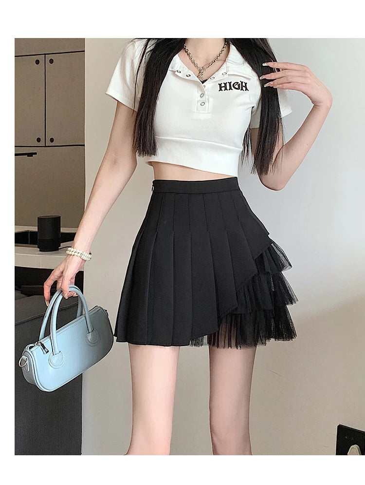 Slimming A-Line Skirt for ort Women High Waist Pleated Commuter Sle Net Gauze f Body Skirts Fem Faion
