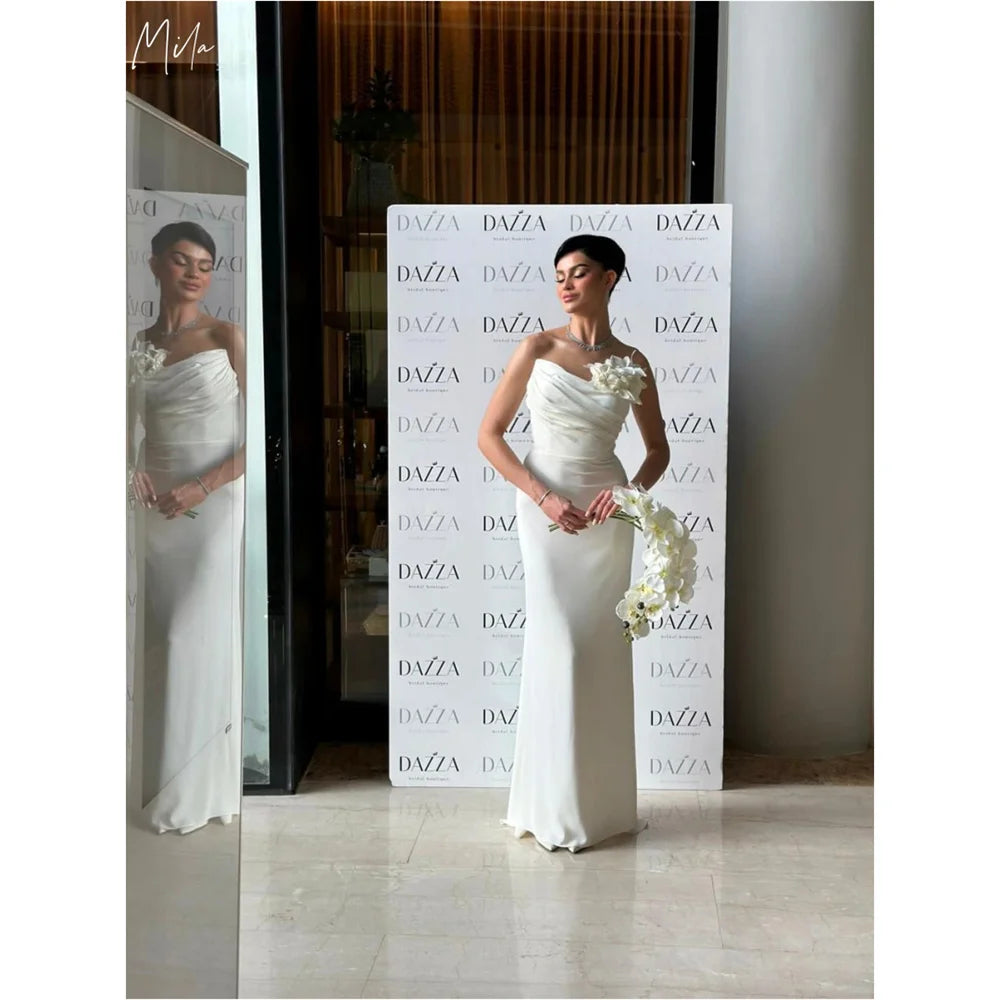 Mila White Strapless Sheath Evening Dresses Satin 3D Flower Zip Party Dresses Elegant Customized 2025 فساتين سهرة