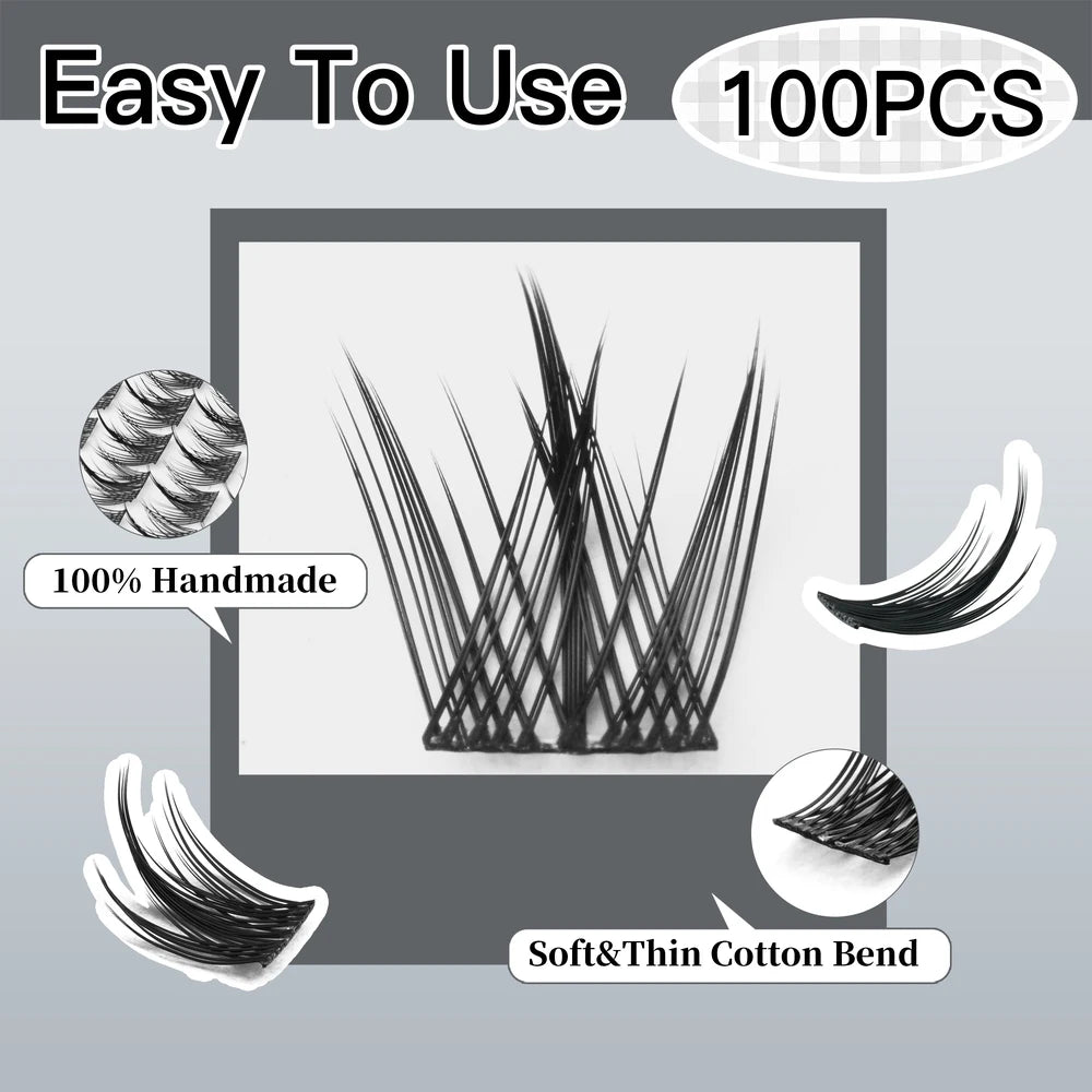 JIZI-LASH False Eyelashes Extensions Kit Lash Bond and Seal Lashes Remover Set 100Pcs DIY Long Clusters D Curved Make Up Tool
