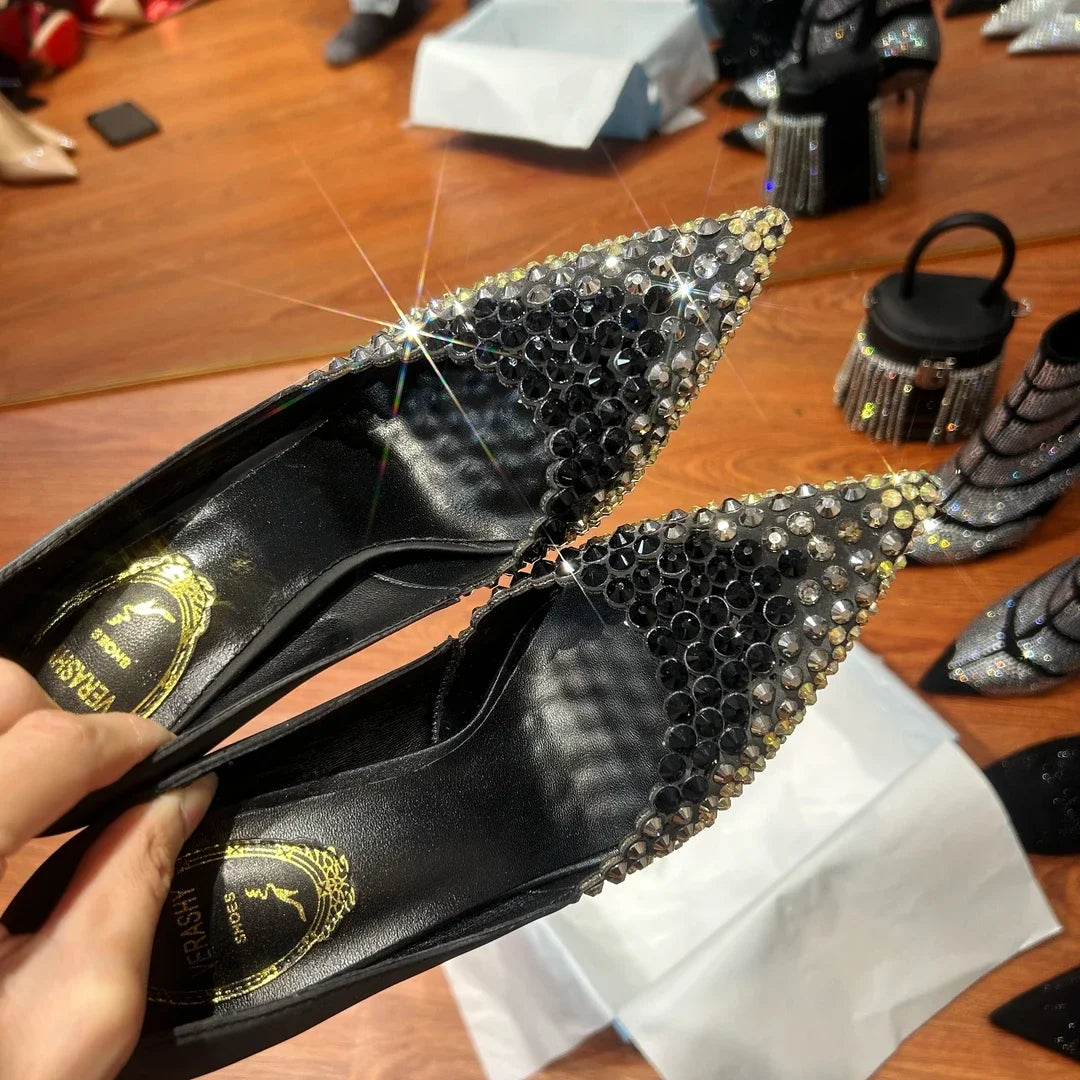 Black Rhinestone High Heels Women's New Summer Style Socialite Small Stature Thin Heels Pointed And Sexy Women's Shoes