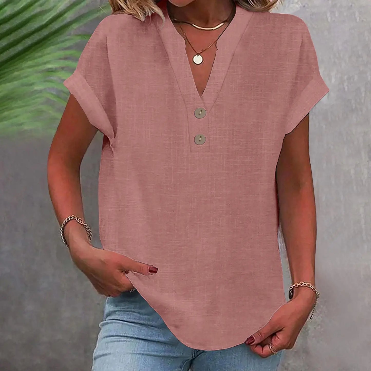 Cotton Linen Short Sleeved Breathable Shirt Summer Solid Color Fashion Stand Up Collar Button Down Women's Casual Office Shirt