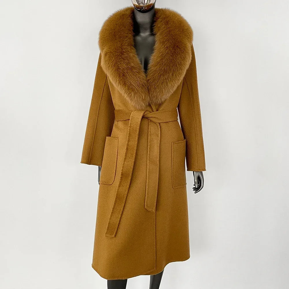 GENHUA 2025 New Casual Fur Coat for Ladies Winter Wool Long Fur Ladies Natural Real Fox Fur Collar Jacket for Ladies Warm Coat
