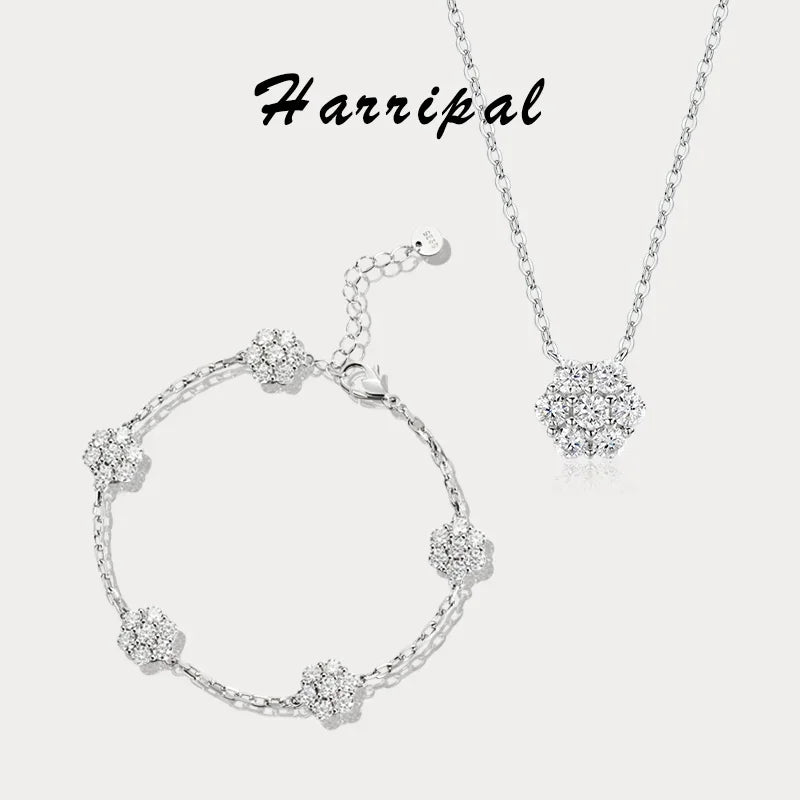 Flower Bracelets with Shiny Moissanite Sterling Silver Adjustable Wedding Anniversary Luxury Gifts Necklace Bracelet Jewelry Set